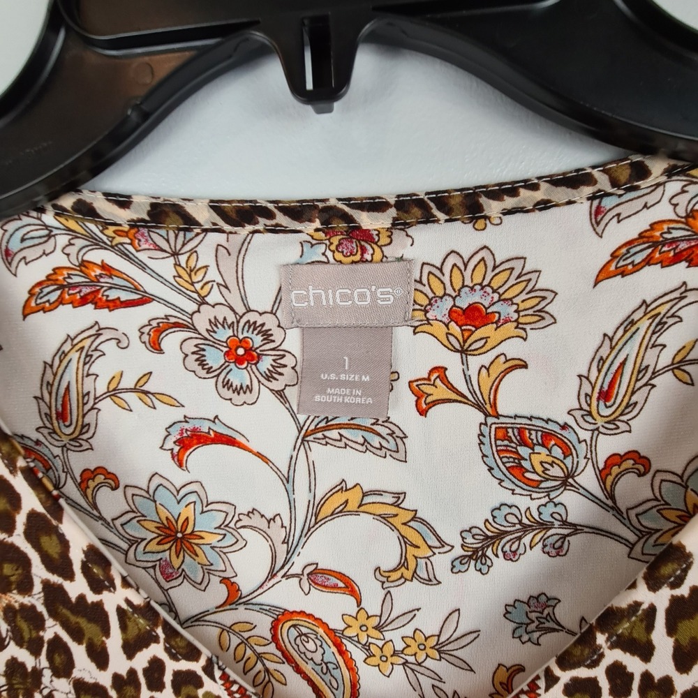 Chico's Leopard Paisley Floral V-Neck Bell Sleeve Tunic Top Brown White Size 1 M - Picture 3 of 8